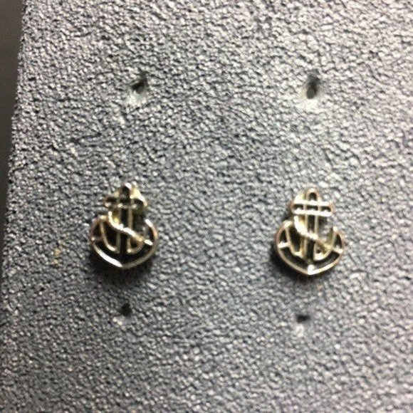 Anchor Stud Pierced Earrings Tiny Silver Black Enamel Nautical Beach Sailing - Picture 1 of 4